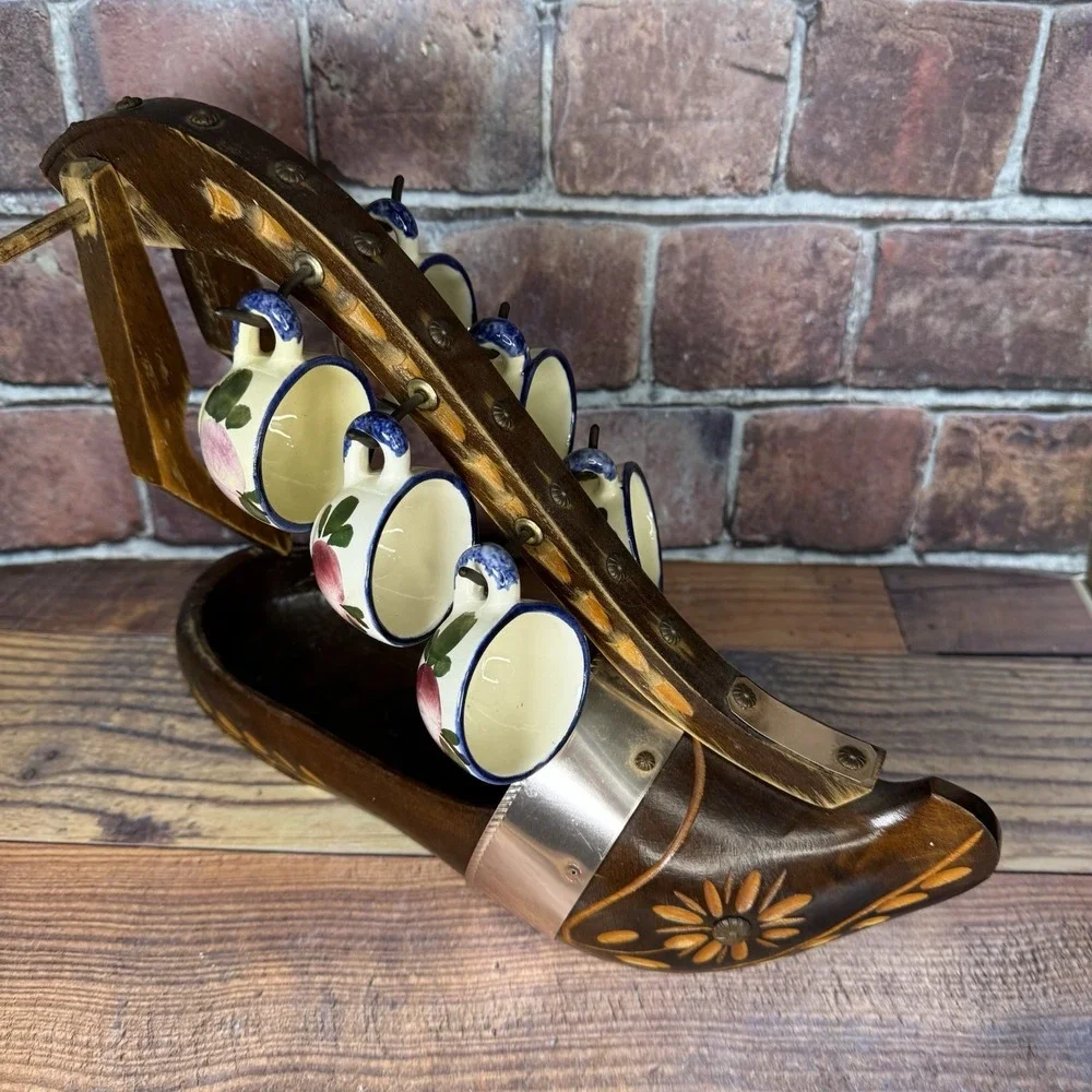 Vintage Dutch Clog Wine Bottle Holder Hand Carved Wooden Shoe W 6 Quimper‎ Cups